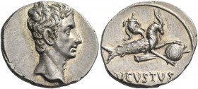 Octavian as Augustus, 27 BC – 14 AD. Denarius, Colonia Patricia circa 18-17/16, AR 3.69 g. Bare head r. Rev. Capricorn r., holding globe over rudder; ...