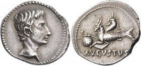 Octavian as Augustus, 27 BC – 14 AD. Denarius, Colonia Patricia (?) circa 18-17/16 BC, AR 3.83 g. Bare head r. Rev. Capricorn l., holding globe attach...
