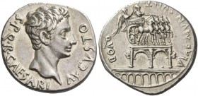 Octavian as Augustus, 27 BC – 14 AD. Denarius, Colonia Patricia (?) circa 18-17/16 BC, AR 3.99 g. S P Q R CAESARI – AVGVSTO Bare head r. Rev. QVOD – V...