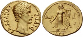Octavian as Augustus, 27 BC – 14 AD. Aureus, Lugdunum 15-13 BC, AV 7.79 g. AVGVSTVS – DIVI F Bare head r. Rev. IMP X Apollo Citharoedus wearing long d...
