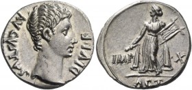 Octavian as Augustus, 27 BC – 14 AD. Denarius, Lugdunum 15-13 BC, AR 3.89 g. AVGVSTVS – DIVI·F Bare head r. Rev. IMP – X Apollo Citharoedus standing l...