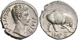 Octavian as Augustus, 27 BC – 14 AD. Denarius, Lugdunum 15-13, AR 3.87 g. AVGVSTVS – DIVI F Bare head r. Rev. Bull butting r.; in exergue, IMP X. C 13...