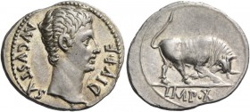 Octavian as Augustus, 27 BC – 14 AD. Denarius, Lugdunum 15-13, AR 3.90 g. AVGVSTVS – DIVI F Bare head r. Rev. Bull butting r.; in exergue, IMP X. C 13...