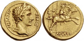 Octavian as Augustus, 27 BC – 14 AD. Aureus, Lugdunum 8 BC, AV 7.83 g. AVGVSTVS – DIVI F Laureate head r. Rev. C CAES Caius Caesar galloping r., holdi...