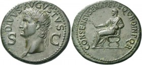 Octavian as Augustus, 27 BC – 14 AD. Divus Augustus. Dupondius 37-41, Æ 16.00 g. DIVVS AVGVSTVS Radiate head l.; in field, S – C. Rev. CONSENSV SENAT ...