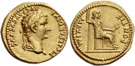Tiberius, 14 – 37. Aureus, Lugdunum 14-37, AV 7.62 g. TI CAESAR DIVI – AVG F AVGVSTVS Laureate head r. Rev. PONTIF MAXIM Draped female figure (Livia a...
