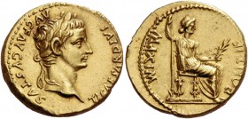 Tiberius, 14 – 37. Aureus, Lugdunum 14-37, AV 7.83 g. TI CAESAR DIVI – AVG F AVGVSTVS Laureate head r. Rev. PONTIF MAXIM Draped female figure (Livia a...