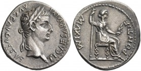 Tiberius, 14 – 37. Denarius, Lugdunum 14-37, AR 3.71 g. TI CAESAR DIVI – AVG F AVGVSTVS Laureate head r. Rev. PONTIF MAXIM Draped female figure (Livia...