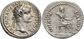Tiberius, 14 – 37. Denarius, Lugdunum 14-37, AR 3.85 g. TI CAESAR DIVI – AVG F AVGVSTVS Laureate head r. Rev. PONTIF MAXIM Draped female figure (Livia...