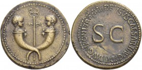 Tiberius, 14 – 37, in the name of Drusus, son of Tiberius. Sestertius 22-23, Æ 27.35 g. Confronted heads of two little boys on crossed cornucopiae wit...