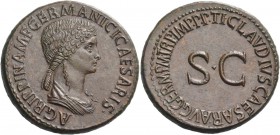 Tiberius, 14 – 37, in the name of Agrippina Senior, mother of Gaius. Sestertius circa 50-54, Æ 27.93 g. AGRIPPINA M F GERMANICI CAESARIS Draped bust r...