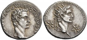 Gaius, 37 – 41. Denarius, Lugdunum 37-38, AR 3.76 g. [C] CAESAR AVG GERM P M TR POT [COS] Bare head of Gaius r. Rev. Radiate head of Augustus r., betw...