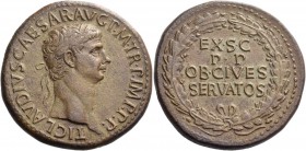 Claudius, 41 – 54. Sestertius circa 50-54, Æ 27.29 g. TI CLAVDIVS CAESAR AVG P M TR P IMP P P Laureate head r. Rev. EX S C / P P / OB CIVES / SERVATOS...