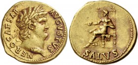 Nero, 54 – 68. Aureus circa 65-66, AV 7.35 g. NERO CAESAR AVGVSTVS Laureate head r. Rev. Salus seated l. on throne, holding patera in r. hand and rest...