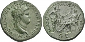 Nero, 54 – 68. Sestertius, Lugdunum circa 67, Æ 25.32 g. IMP NERO CAESAR AVG P MAX TR P P P Laureate head r., with globe at point of neck. Rev. ANNONA...