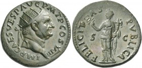Vespasian, 69 – 79. Dupondius 76, Æ 12.22 g. IMP CAES VESP AVG P M T P COS VII Radiate head r. Rev. FELICIT – AS – PVBLICA S – C Felicitas standing fa...