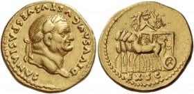 Vespasian, 69 – 79. Divus Vespanianus. Aureus 80-81, AV 7.26 g. DIVVS AVGVSTVS VESPASIANVS Laureate head r. Rev. Slow quadriga l., with tensa surmount...