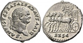 Vespasian, 69 – 79. Divus Vespasianus. Denarius 80-81, AR 3.58 g. DIVVS AVGVSTVS VESPASIANVS Laureate head r. Rev. Slow quadriga l., with tensa surmou...