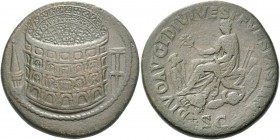 Titus, 79 – 81. Divu Titus. Sestertius 81-82, Æ 25.92 g. Aerial view of the Flavian amphitheatre (the Colosseum); on l., Meta Sudans and on r., portic...