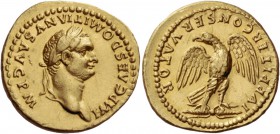 Domitian, 81 -96. Aureus 82-83, AV 7.74 g. IMP CAES DOMITIANVS AVG P M Laureate head r. Rev. IVPPITER CONSERVATOR Eagle, with spread wings and head l....