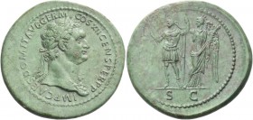 Domitian, 81 -96. Sestertius 86, Æ 27.44 g. IMP CAES DOMIT AVG GERM – COS XII CENS PERP P Laureate bust r., with aegis. Rev. Domitian, in military att...