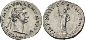 Domitian, 81 -96. Denarius 87, AR 3.37 g. IMP CAES DOMIT AVG GERM P M TR P VI Laureate head r. Rev. IMP XIIII COS VIII CENS P P P Minerva standing l.,...