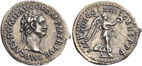 Domitian, 81 -96. Quinarius 88, AR 1.69 g. IMP CAES DOMIT AVG GERM P M TR P VII Laureate head r. Rev. IMP XIIII COS XIIII CENS P P P Victory advancing...