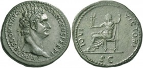 Domitian, 81 -96. Sestertius 92-94, Æ 25.77 g. IMP CAES DOMIT AVG GERM – COS XVI CENS PER P P Laureate head r. Rev. IOVI – VICTORI Jupiter seated l. o...