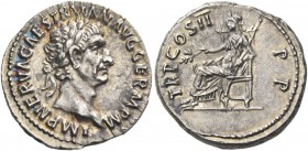 Trajan, 98 – 117. Denarius, February 98, AR 3.41 g. IMP NERVA CAES TRAIAN AVG GERM P M Laureate head r. Rev. TR P COS II – P P Pax seated l., holding ...