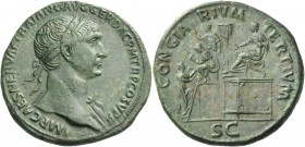 Trajan, 98 – 117. Sestertius 107-108, Æ 24.14 g. IMP CAES NERVAE TRAIANO AVG GER DAC P M TR P COS C P P Laureate bust r. with drapery on far shoulder....