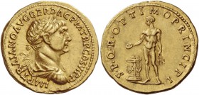 Trajan, 98 – 117. Aureus circa early 113-summer 114, AV 7.20 g. IMP TRAIANO AVG GER DAC P M TR P COS VI P P Laureate, draped and cuirassed bust r. Rev...