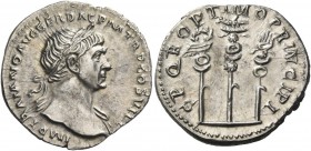 Trajan, 98 – 117. Denarius circa early 113-summer 114, AR 3.19 g. IMP TRAIANO AVG GER DAC P M TR P COS VI P P Laureate bust r., with drapery on l. sho...