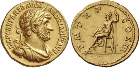 Hadrian, 117 – 138. Aureus 119-122, AV 7.19 g. IMP CAESAR TRAIAN – HADRIANVS AVG Laureate, draped and cuirassed bust r. Rev. P M T R P – COS III Jupit...