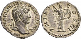 Hadrian, 117 – 138. Denarius 119-122, AR 3.71 g. IMP CAESAR TRAIAN HA – DRIANVS AVG Laureate bust r., with drapery on l. shoulder. Rev. P M TR P – COS...