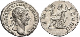 Hadrian, 117 – 138. Denarius 119-122, AR 3.34 g. IMP CAESAR TRAIAN H – ADRIANVS AVG Laureate head r. Rev. P M T R – P COS III Roma seated l. on cuiras...