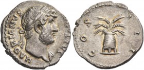 Hadrian, 117 – 138. Denarius 125-128, AR 3.42 g. HADRIANVS – AVGVSTVS Laureate head r., with drapery on l. shoulder. Rev. COS – III Modius and corn ea...