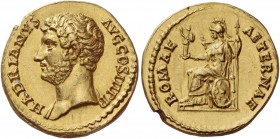 Hadrian, 117 – 138. Aureus 134-138, AV 7.16 g. HADRIANVS – AVG COS III P P Bare head l. Rev. ROMAE – AETERNAE Roma seated l. on chair, holding palladi...