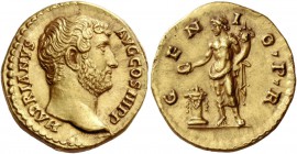 Hadrian, 117 – 138. Aureus 134-138, AV 7.32 g. HADRIANVS – AVG COS III P P Bare head r. Rev. G – EN – I – O P R Genius standing l., sacrificing out of...