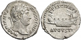Hadrian, 117 – 138. Denarius 134-138, AR 3.33 g. HADRIANVS – AVG COS III P P Laureate head r., with drapery on l. shoulder. Rev. FELICITATI Galley l.;...