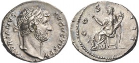 Hadrian, 117 – 138. Denarius 134-138, AR 2.99 g. HADRIANVS – AVGVSTVS P P Laureate head r. Rev. CO – S – III Abundantia seated l., holding hook and co...