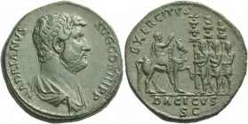 Hadrian, 117 – 138. Sestertius 134-138, Æ 26.66 g. HADRIANVS – AVG COS III P P Bareheaded and draped bust r. Rev. EXERCITVS Hadrian on horseback r., h...