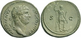 Hadrian, 117 – 138. Dupondius 134-138, Æ 14.55 g. HADRIANVS – AVG COS III P P Laureate head r. Rev. Emperor, in military attire, standing r., holding ...