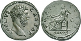 Aelius Caesar, 136 – 138. Sestertius 137, Æ 29.07 g. L AELIVS – CAESAR Bare head r. Rev. T – R POT – COS II Salus seated l., feeding out of patera sna...