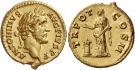 Antoninus Pius, 138 – 161. Aureus 139, AV 7.22 g. ANTONINVS – AVG PIVS P P Laureate head r. Rev. TR POT – COS II Pietas standing l. by altar, raising ...