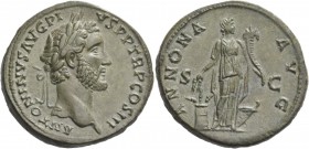 Antoninus Pius, 138 – 161. Sestertius 140-144, Æ 24.77 g. ANTONINVS AVG – PIVS P P TR P COS III Laureate head r. Rev. ANNONA AVG S – C Annona standing...
