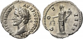 Antoninus Pius, 138 – 161. Denarius 148-149, AR 3.26 g. ANTONINVS – AVG PIVS P P TR P XII Laureate head l. Rev. C – OS – IIII Aequitas standing l., ho...