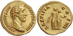 Antoninus Pius, 138 – 161. Aureus 150-151, AV 7.22 g. ANTONINVS AVG – PIVS P P TR P XIIII Bareheaded and cuirassed bust r., with drapery on l. shoulde...
