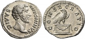 Antoninus Pius, 138 – 161. Divus Antoninus. Denarius 161?, AR 3.61 g. DIVVS – ANTONINVS Bare head r. Rev. CONSECRATIO Eagle standing r., head l., on g...