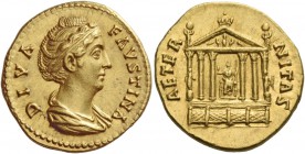 Faustina I, wife of Antoninus Pius. Diva Faustina. Aureus after 141, AV 7.20 g. DIVA – FAVSTINA Draped bust r., hair waved and coiled on top of head. ...