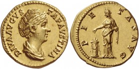 Faustina I, wife of Antoninus Pius. Diva Faustina. Aureus after 141, AV 7.38 g. DIVA AVGVS – TA FAVSTINA Draped bust r., hair waved and coiled on top ...